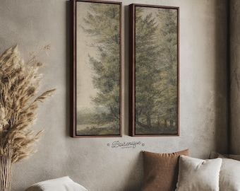 Framed Rustic Tree Canvas Print Set: Vintage Woodland Landscape Wall Art