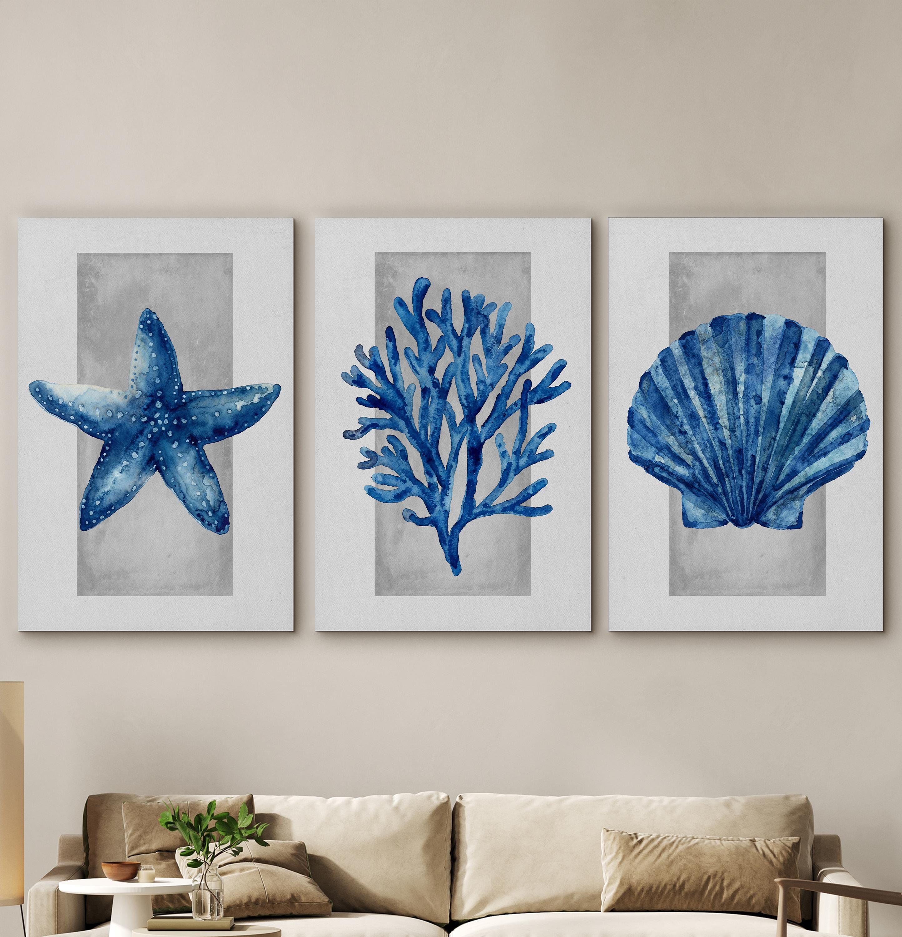 Framed Coastal Prints Set | Blue Starfish, Coral, Shell Wall Art - Etsy