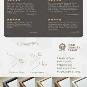 May include: An image showcasing framed art prints with various frame styles and dimensions. The image highlights features like 'Ready to Hang' and 'Waterproof'. Frame options include black, walnut, and natural wood finishes.