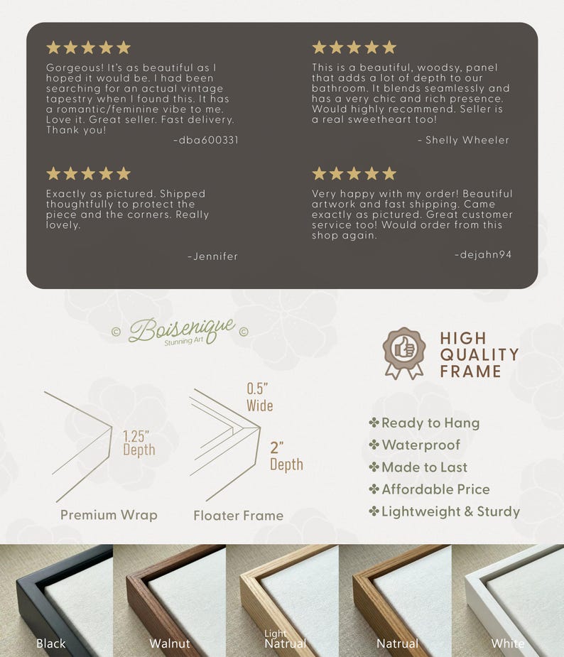 May include: An image showcasing framed art prints with various frame styles and dimensions. The image highlights features like 'Ready to Hang' and 'Waterproof'. Frame options include black, walnut, and natural wood finishes.