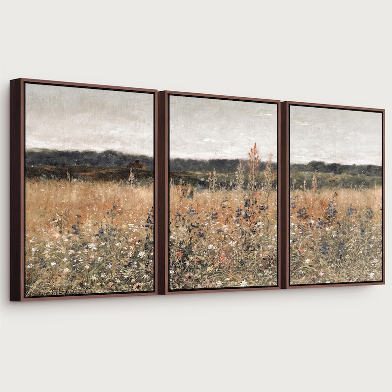 Wildflower Field Canvas Wall Art Triptych | Rustic Landscape Art for ...