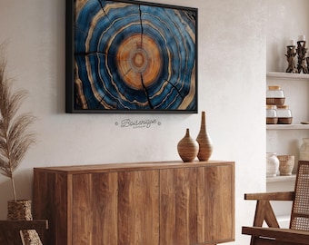 Könnte beinhalten: Gerahmtes Kunstwerk mit einem Querschnitt eines Baumstamms mit Ringen in Blau, Orange und Braun. Das Kunstwerk hängt über einem Holzschrank. Zwei dekorative Vasen stehen auf dem Schrank. Der Raum hat eine neutrale Farbpalette.