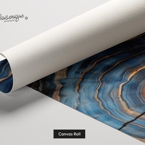 May include: Rolled canvas print featuring a close-up of a wood grain design with blue, brown, and orange hues. The canvas is partially unrolled, revealing the artwork. The text "Canvas Roll" is displayed on a black rectangle.