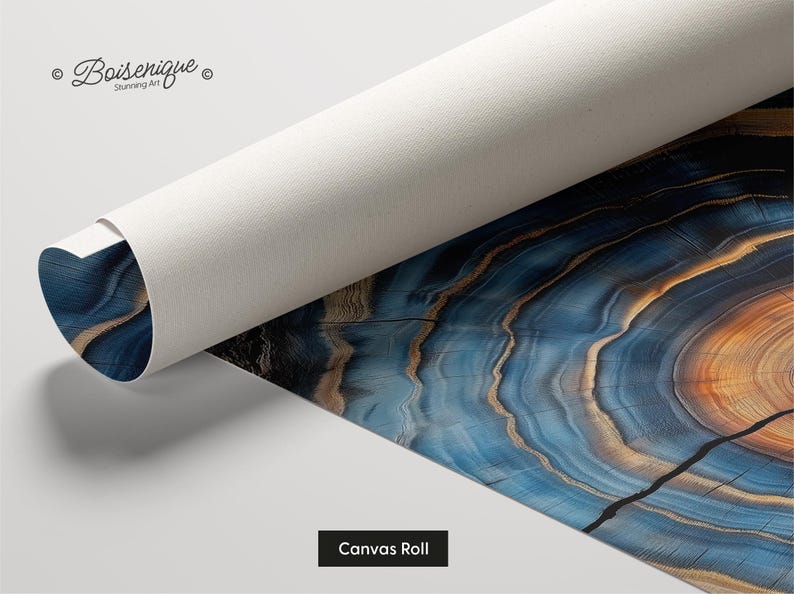 May include: Rolled canvas print featuring a close-up of a wood grain design with blue, brown, and orange hues. The canvas is partially unrolled, revealing the artwork. The text "Canvas Roll" is displayed on a black rectangle.