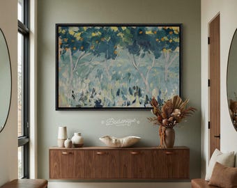 Vintage Landscape Framed Canvas Print: Green & Blue Impressionist Art