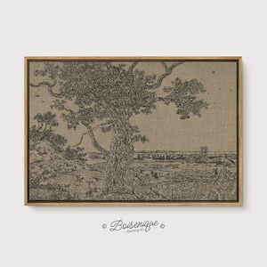 May include: A framed sepia-toned landscape print featuring a large tree with sprawling branches dominating the foreground. The artwork, with a vintage aesthetic, depicts a rural scene with a distant building and subtle details.