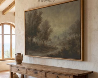 Framed Vintage Forest Path Print: Rustic Landscape Wall Art, Walnut Frame