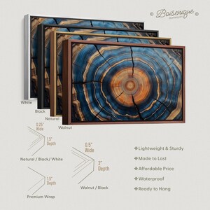 May include: A stack of framed art prints with a wood grain design in shades of blue, brown, and orange. Frames are available in white, black, natural, and walnut. The prints are 1.5 inches deep with a 0.25-inch wide frame. The walnut frames are 2 inches deep with a 0.5-inch wide frame.