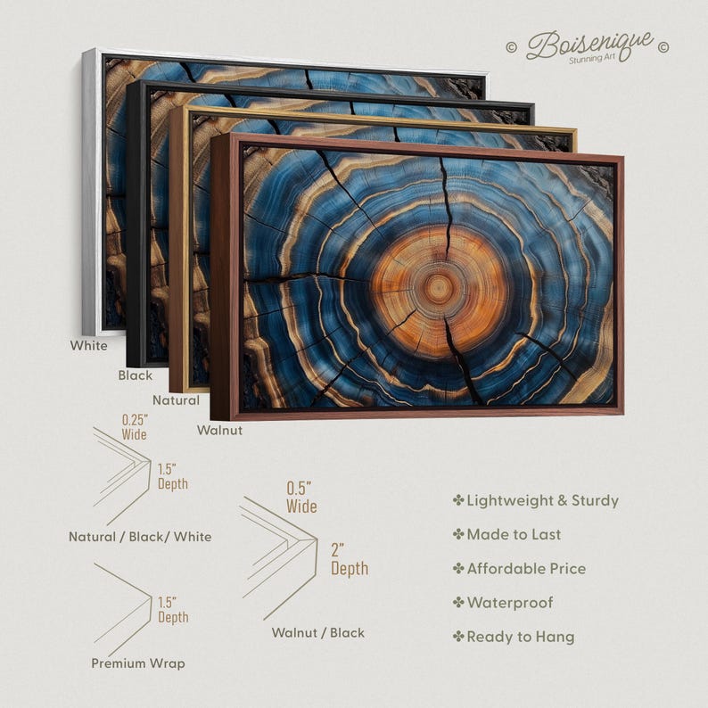 May include: A stack of framed art prints with a wood grain design in shades of blue, brown, and orange. Frames are available in white, black, natural, and walnut. The prints are 1.5 inches deep with a 0.25-inch wide frame. The walnut frames are 2 inches deep with a 0.5-inch wide frame.