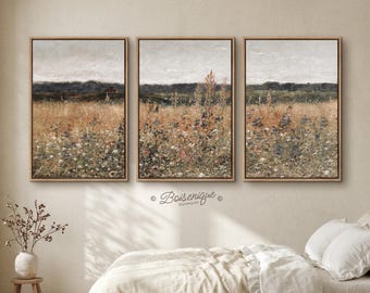 Wildblumen Feld Leinwand Kunst Triptychon | Rustikale Landschaftskunst für Vintage Wohnkultur, große Leinwände, Einweihungsgeschenk