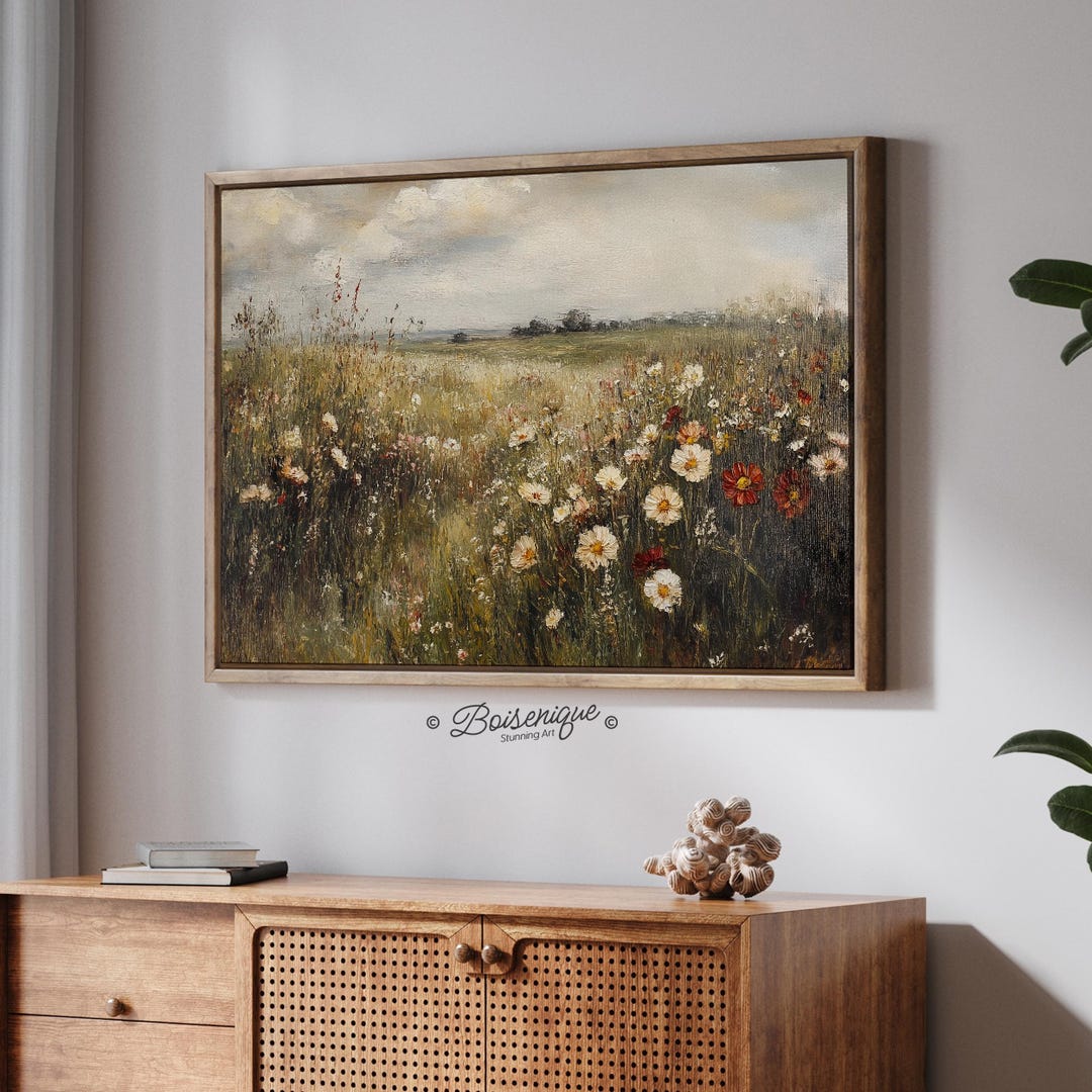 Vintage Wildflowers Field Landscape Wall Art Print | Framed Canvas With ...