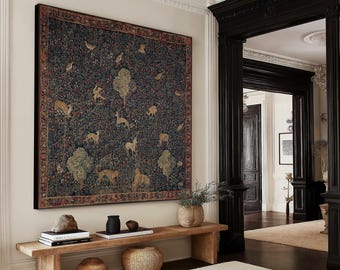 Unicorn Forest Tapestry: Medieval Handwoven Nature Art in Black Aluminum Frame