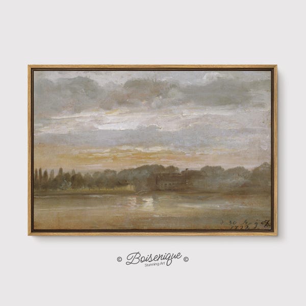 Lámina de pintura al óleo de una villa ribereña de estilo vintage / Paisaje romántico europeo / Arte mural extragrande / Decoración antigua de gran tamaño 60x40 48x32