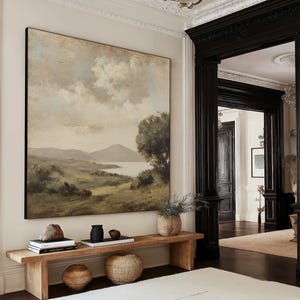 Extra Large Wall Art Vintage Landscape Painting | Rustic Farmhouse Oversized Black Aluminum Frame Decor
