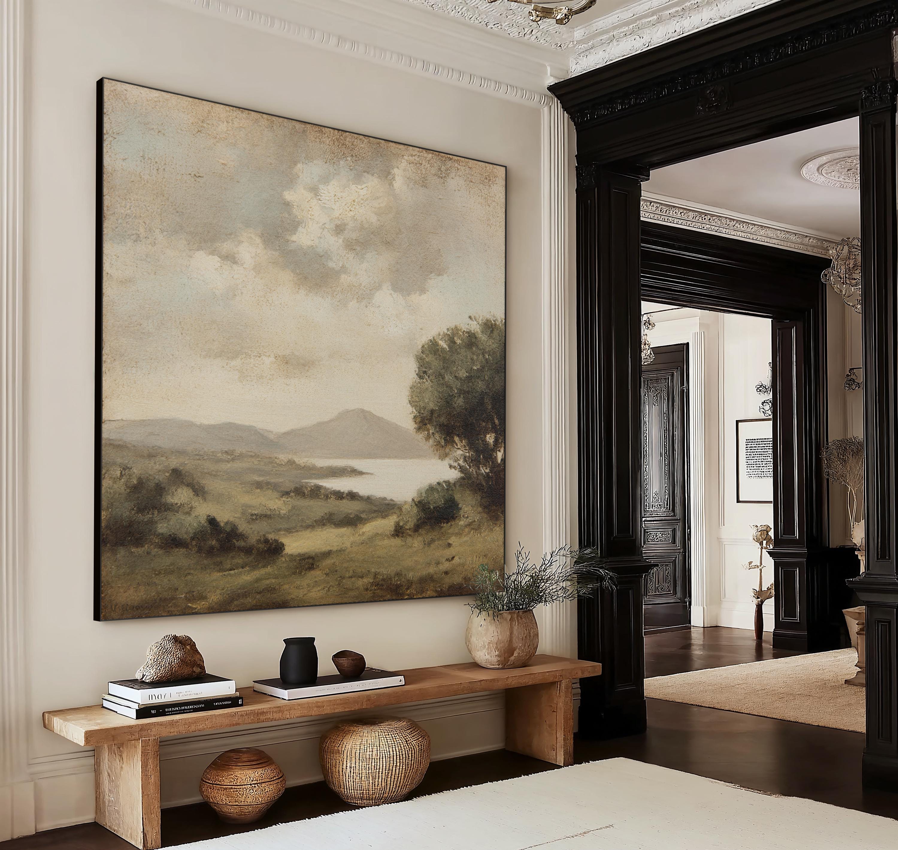 Extra Large Wall Art Vintage Landscape Painting | Rustic Farmhouse Oversized Black Aluminum Frame Decor