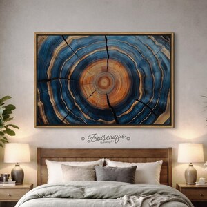 May include: A framed artwork featuring a cross-section of a tree trunk, showcasing concentric rings in shades of blue, orange, and tan. The artwork is rectangular and mounted in a wooden frame. The text "Boisenique Stunning Art" is in the lower right corner.