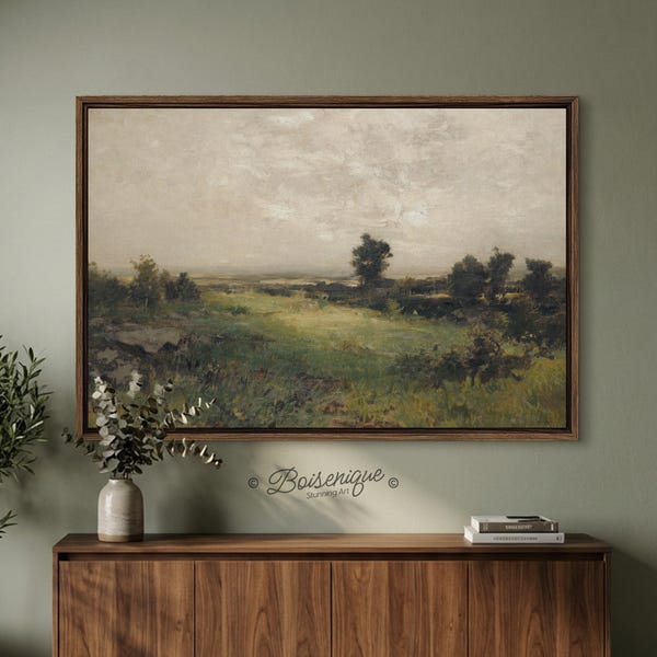 Lámina de pintura al óleo de campo campestre vintage / Arte mural romántico de paisaje abierto / Decoración rústica en lienzo de gran tamaño 60x40 48x32