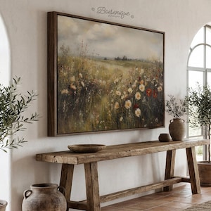 Impresión artística de pared con paisaje de campo de flores silvestres vintage / Lienzo enmarcado con kit para colgar