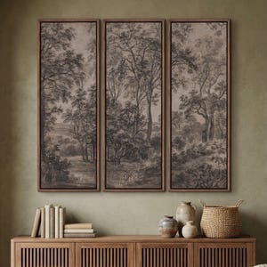 Set med 3 vintagelandskapstriptyk | Sepiafärgad träd- och bergsväggkonst | Extra stora vertikala paneler | Flytande canvas med ram 60x60 48x48
