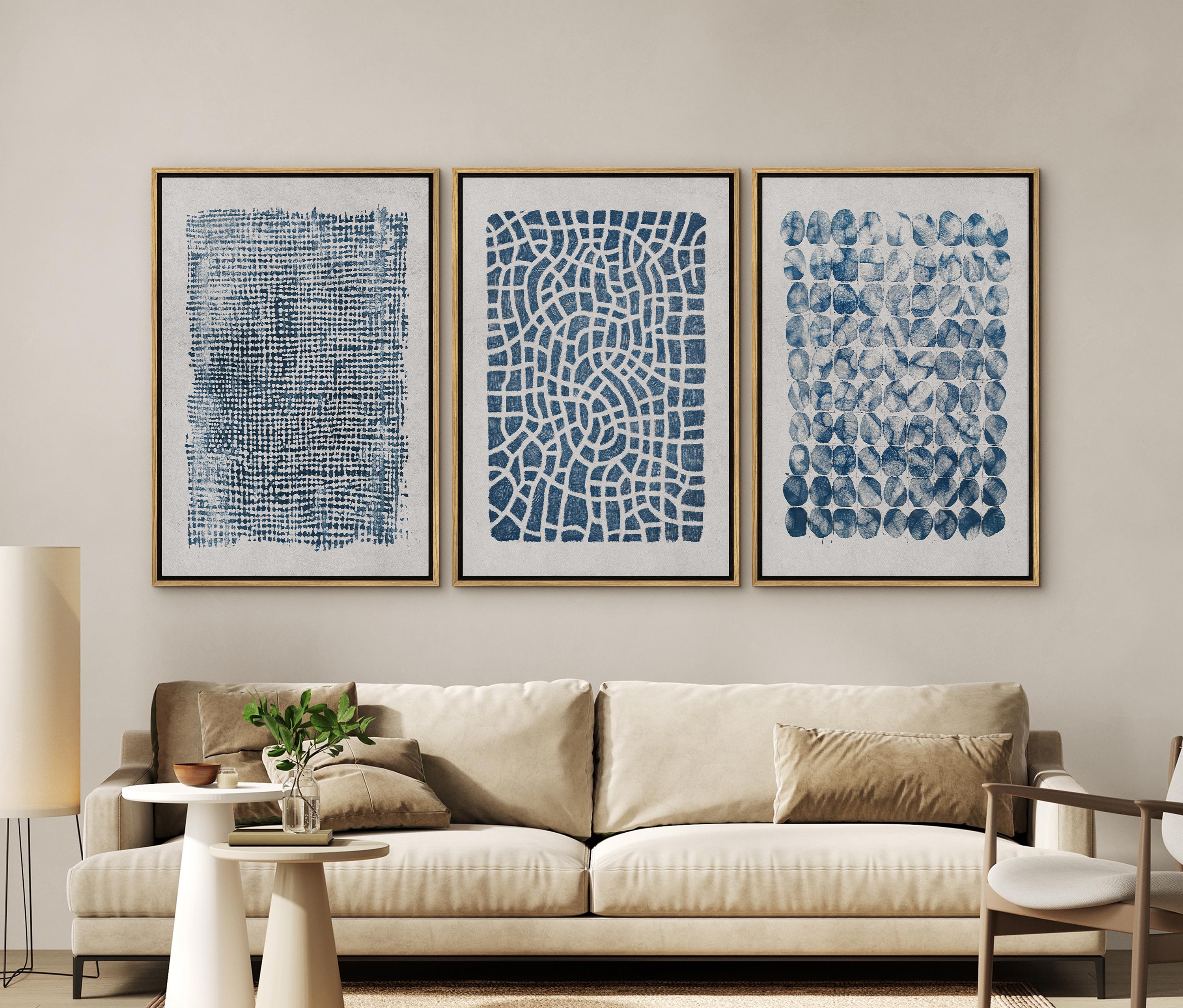 Blue Abstract Wall Art Set of 3 - Mid Century Modern Canvas Prints