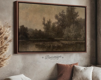 May include: A rectangular landscape painting in a dark brown frame featuring a muted, sepia-toned scene of trees and foliage reflected in a calm body of water. The artwork displays the text Boisenique Stunning Art in a cursive script below it.
