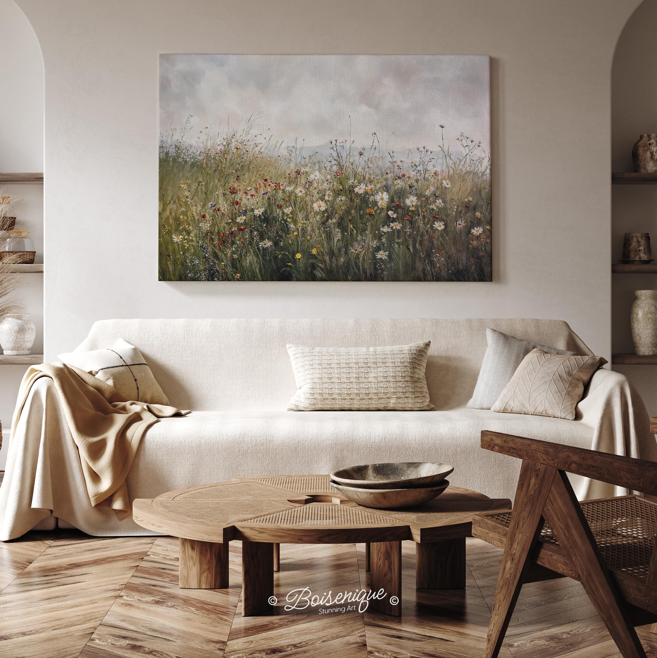 Wildflower Field Landscape Print: Vintage Framed Canvas Wall Art - Etsy