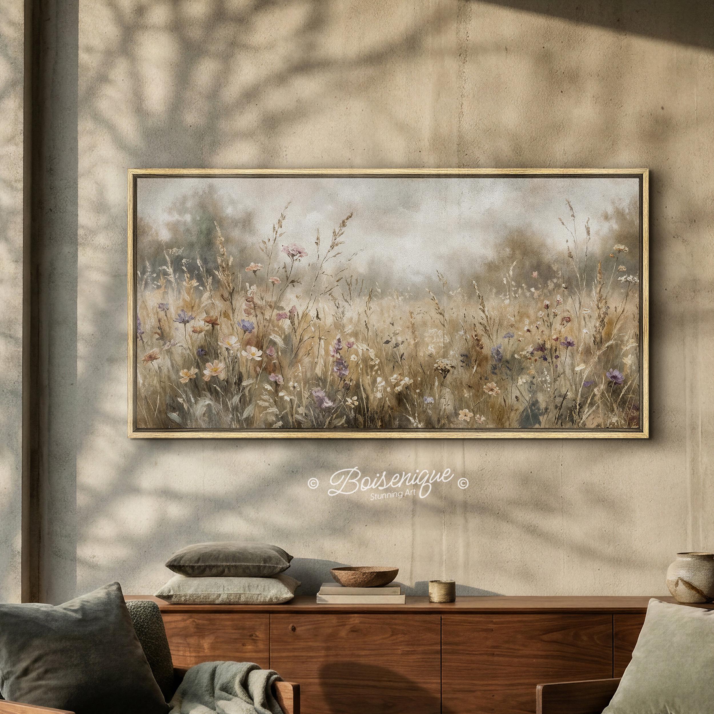 Moody Wildflower Meadow Oil Painting Print - Framed Vintage Floral ...