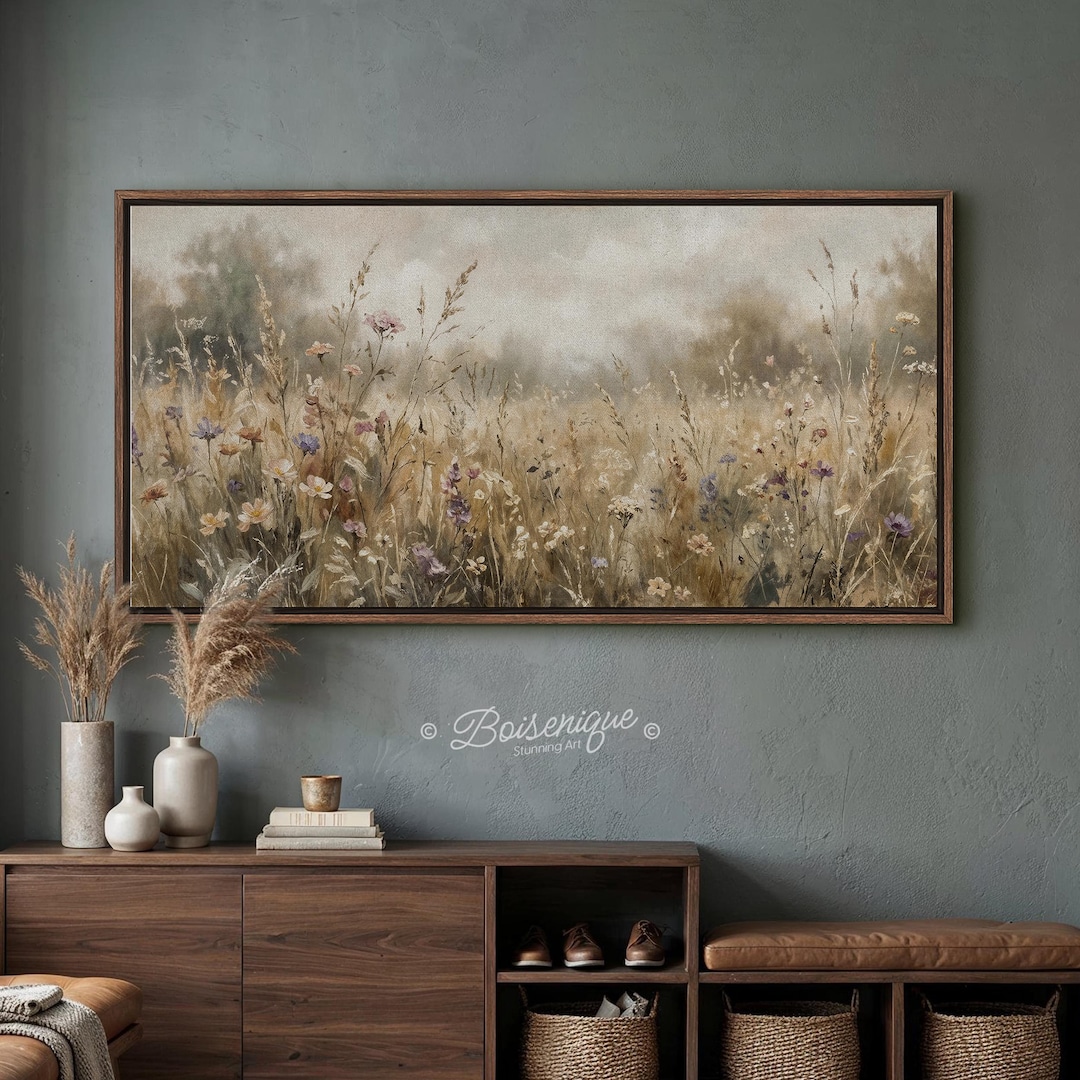 Moody Wildflower Meadow Oil Painting Print - Framed Vintage Floral ...