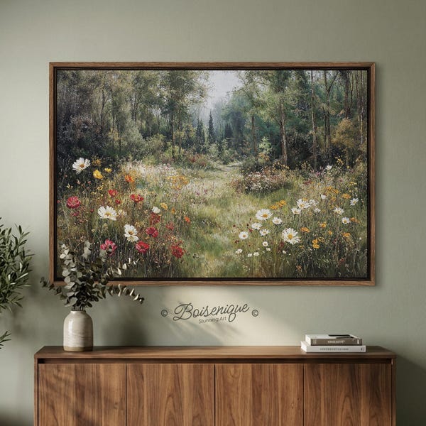 Impresión de paisaje vintage de flores silvestres / Impresiones en lienzo enmarcadas / 48x32, 60x40 pulgadas