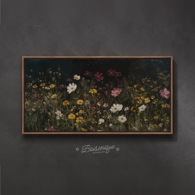 Moody Wildflower Meadow Oil Painting Print, Framed Vintage Floral ...