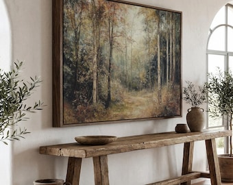 May include: A large framed landscape painting depicting a forest scene with a path. The artwork hangs above a rustic wooden console table. Decorative vases and plants are placed around the room, creating a warm and inviting atmosphere.