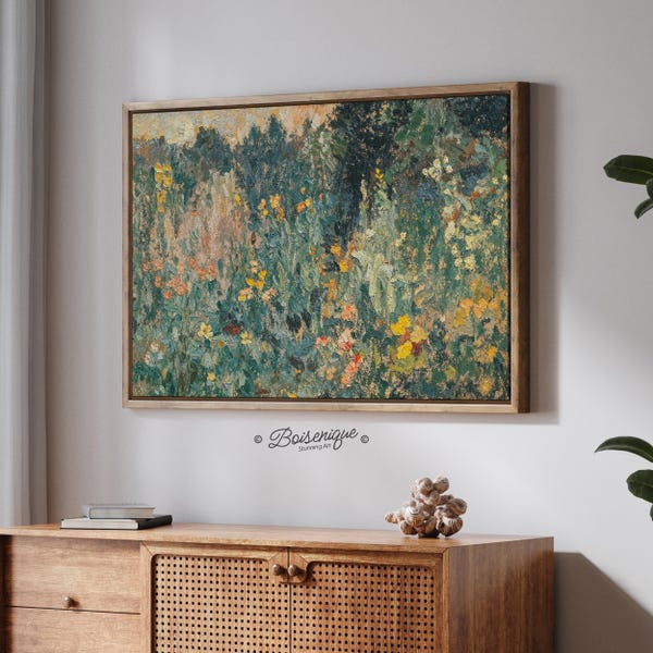 Impresión en lienzo enmarcada de jardín impresionista / Arte floral vintage para pared para decoración del hogar