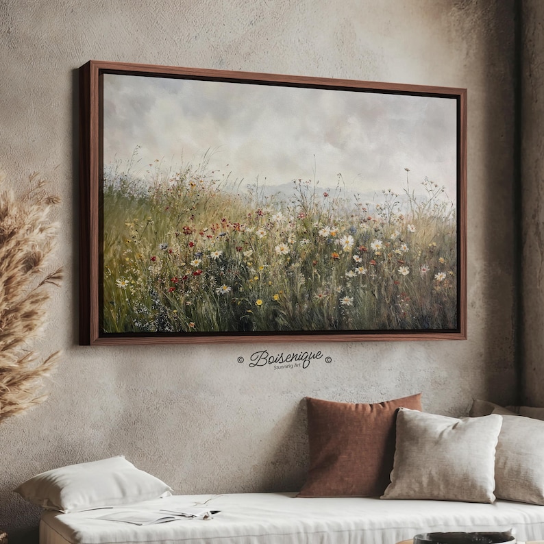 Wildflower Field Landscape Print: Vintage Framed Canvas Wall Art - Etsy