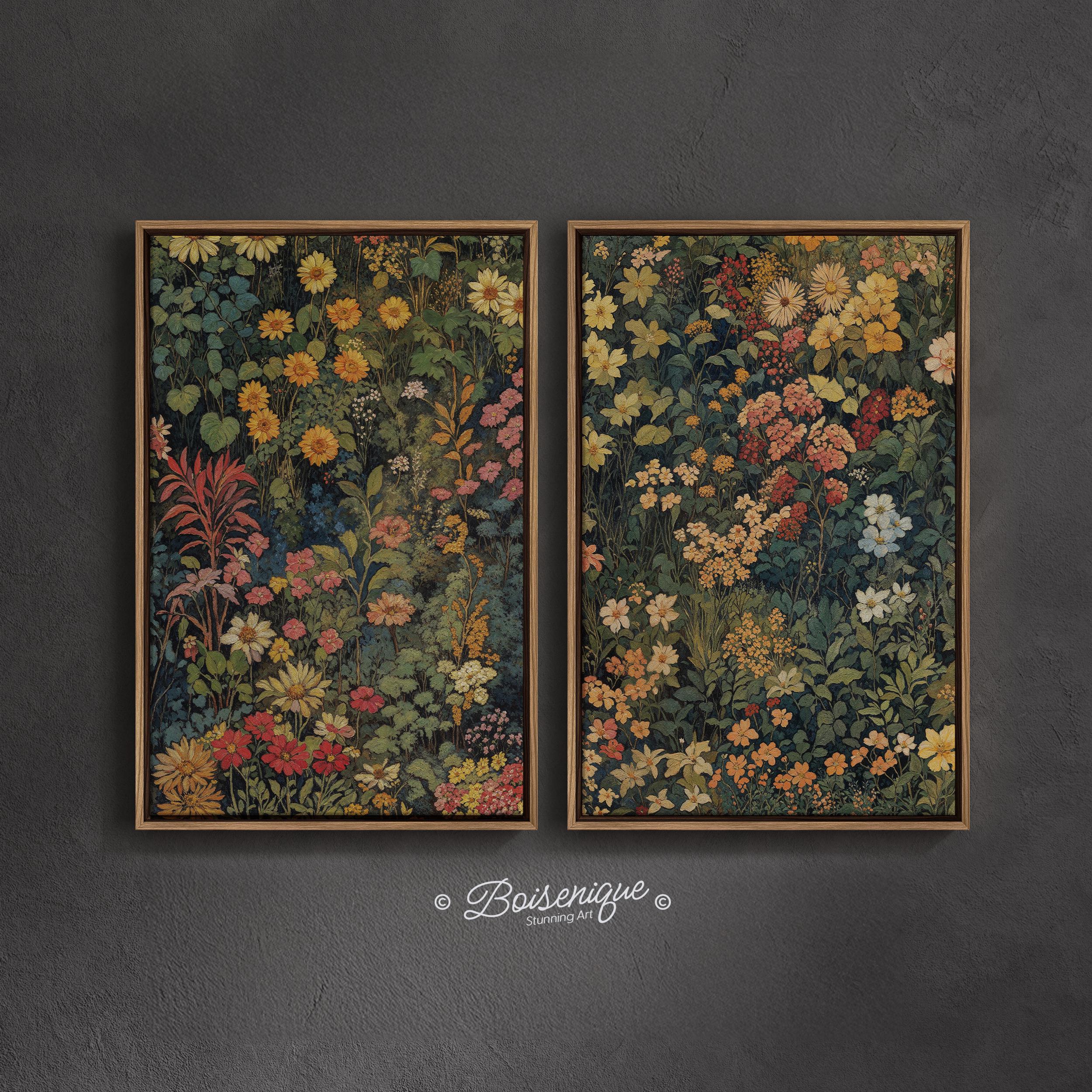 Vintage Floral Tapestry Framed Canvas Art: Botanical Home Decor