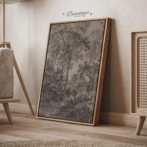 May include: A rectangular framed wall art piece featuring a charcoal-toned sketch of a dense forest landscape with tall trees and foliage. The artwork is encased in a light-colored wooden frame and displays the text Boisenique Stunning Art.
