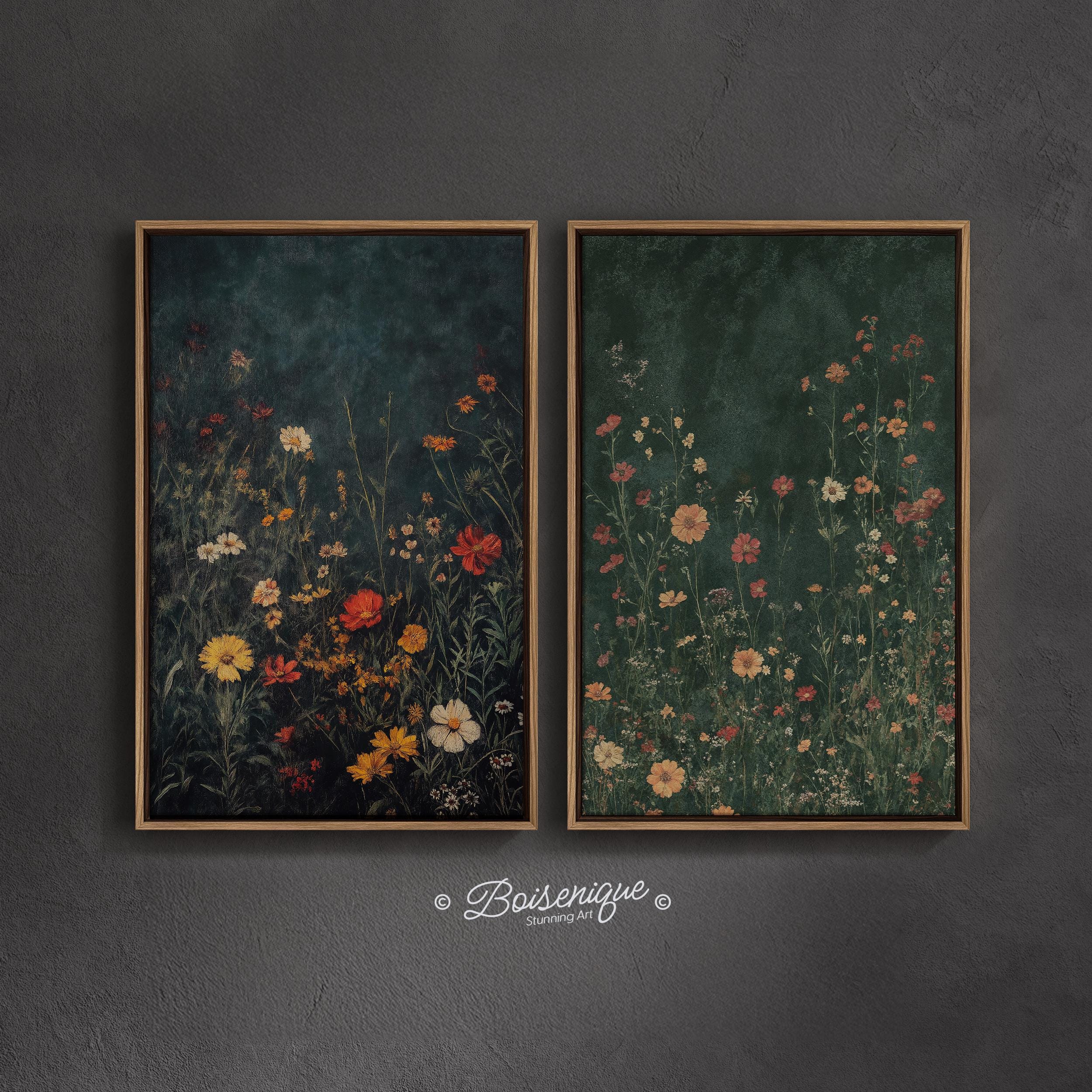 Vintage Wildflower Canvas Wall Art Set | 2 Panel Framed Botanical Prints | Dark Green Floral Decor for Living Room or Bedroom