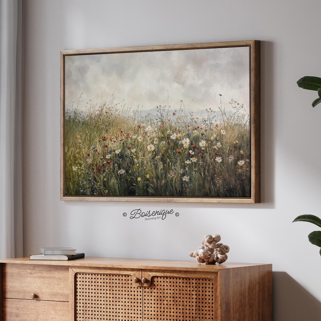 Wildflower Field Landscape Print: Vintage Framed Canvas Wall Art - Etsy