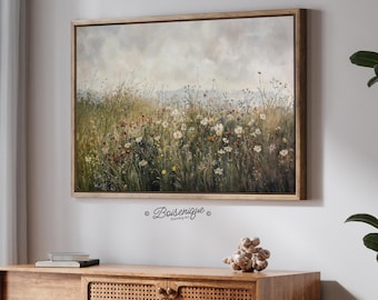 Vintage Wildflowers Field Landscape Wall Art Print | Framed Canvas with Hanging Kit, Home Decor, Nature Art, Botanical Print