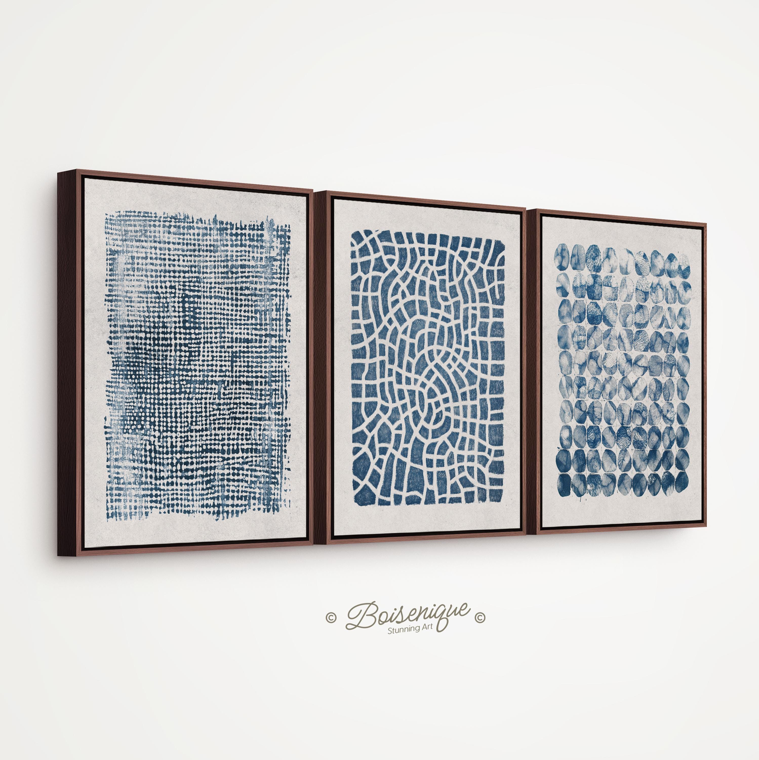 Blue Abstract Wall Art Set of 3 - Mid Century Modern Canvas Prints ...