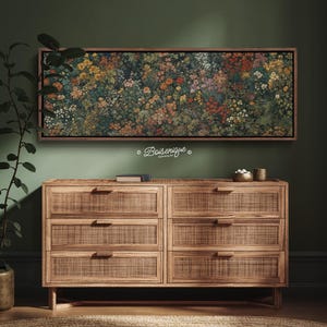 Lámina de pintura al óleo de jardín de flores silvestres vintage / Arte floral botánico romántico / Cuadro panorámico extragrande / Lienzo con marco flotante de 60x30