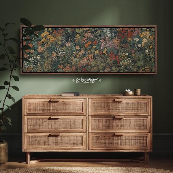 Lámina de pintura al óleo de jardín de flores silvestres vintage / Arte floral botánico romántico / Cuadro panorámico extragrande / Lienzo con marco flotante de 60x20