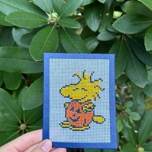 Könnte beinhalten: Ein rechteckiges Kreuzstichprojekt auf weißem Kunststoffgewebe mit dunkelblauem Rand. Das Motiv zeigt einen gelben Vogel, der auf einem runden orangefarbenen Kürbis mit geschnitztem Kürbisgesicht und schwarzen Umrandungen sitzt.