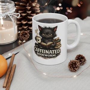 Taza con diseño de gato ratón de biblioteca, taza de café para lectores gruñones, regalo para amantes de las bibliotecas.