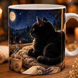 Black Cat Mug, Black Cat Coffee Mug, Cat Lover Gift, Watercolor Black Cat Mug, Gothic Cat Mug, Cottagecore Coffee Cup, Ceramic Cat Mug