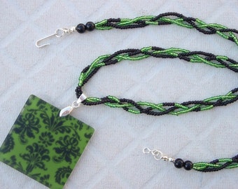 Deep Green and Black Damask Pendant on 3 Strands Necklace