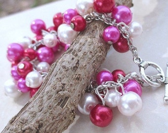 Red, Hot pink and white glass pearls Bracelet