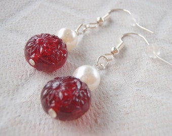 Cream Pearl and Red  Roundalle dangle Earrings