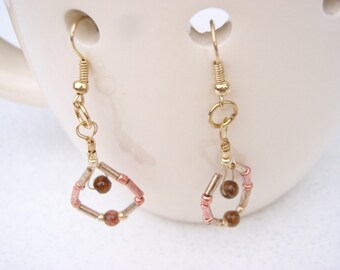 Little Brown Glass Bead  with Glass Pink and Gold Bugle Beads Earrings