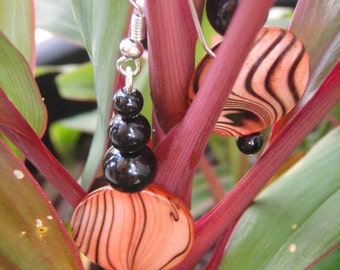 Abstract Orange and Black Ceramic Coin Earrings