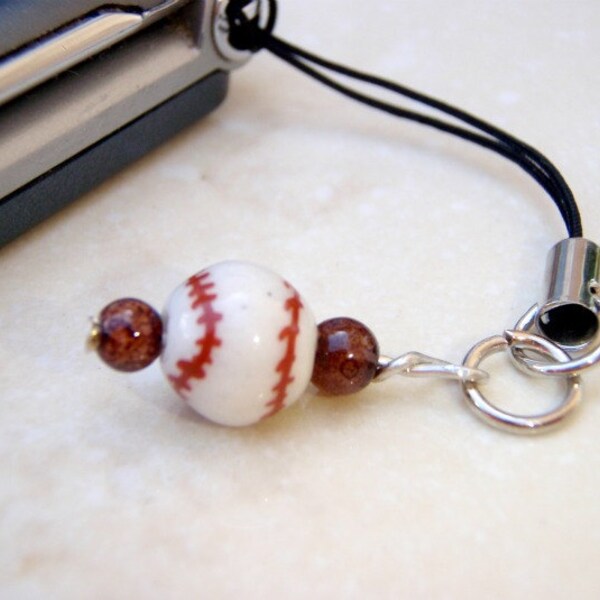 Baseball Ball Glass Bead on a Cell Phone Strap